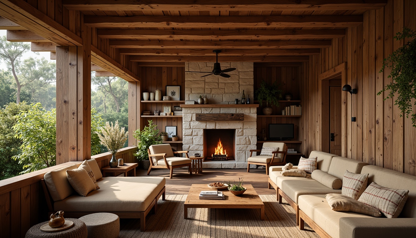 Prompt: Cozy living room, exposed wooden beams, natural wood textures, earthy color palette, warm lighting, rustic metal fixtures, plush furnishings, vintage decorative items, rich wood tones, organic shapes, handmade craftsman details, inviting atmosphere, soft focus, shallow depth of field, 1/1 composition, realistic wood grain, ambient occlusion.