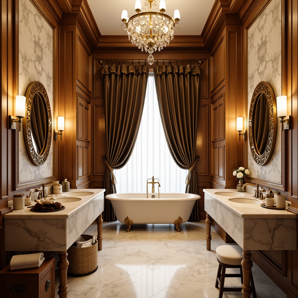 Prompt: Luxurious powder room, ornate gold fixtures, soft warm lighting, plush velvet drapes, intricate moldings, crystal chandelier, rich wooden paneling, cream-colored marble countertops, elegant wall mirrors, subtle texture patterns, soothing beige tones, delicate floral motifs, traditional furniture pieces, refined architectural details, shallow depth of field, 1/1 composition, realistic textures.