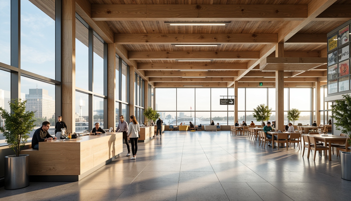 Prompt: Simple airport terminal, Nordic-inspired minimalism, light wood tones, clean lines, sparse decor, industrial chic lighting, sleek steel beams, floor-to-ceiling windows, natural stone floors, calm ambiance, soft warm lighting, shallow depth of field, 3/4 composition, panoramic view, realistic textures, ambient occlusion.