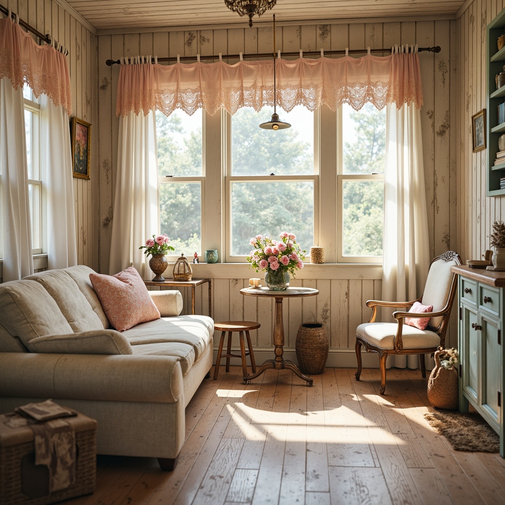 Prompt: Distressed vintage furniture, soft pastel hues, warm beige tones, gentle peach colors, creamy whites, muted rose pinks, pale blues, weathered wood textures, lace curtains, floral patterns, ornate metal accents, antique finishes, rustic country charm, cozy cabin atmosphere, natural sunlight, soft focus, shallow depth of field, 2/3 composition, romantic ambiance, whimsical details, feminine touches.