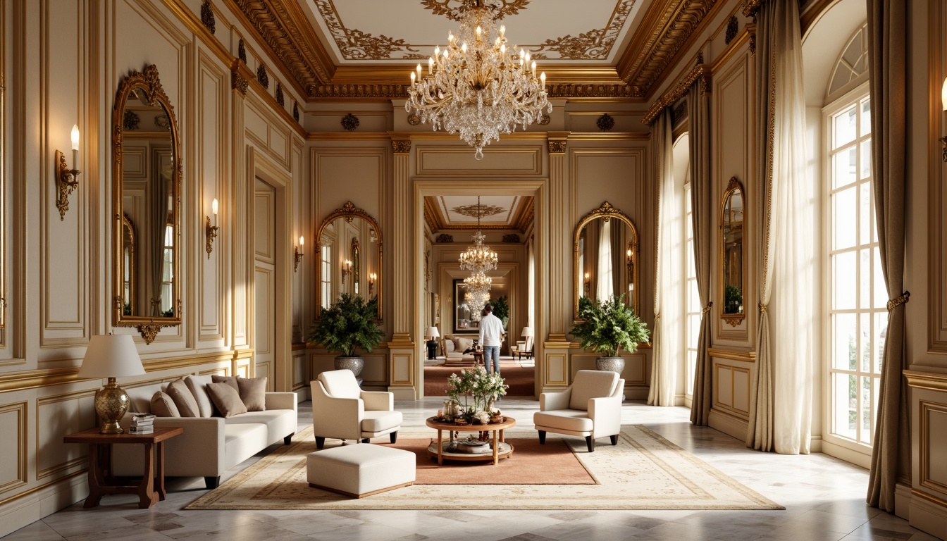 Prompt: Elegant classic interior, rich wood tones, warm beige walls, ornate golden frames, lavish velvet fabrics, soft cream accents, subtle marble textures, intricate carvings, sophisticated neutral colors, refined crystal chandeliers, opulent drapery, stately furnishings, majestic high ceilings, ornamental mirrors, natural daylight, softbox lighting, 1/1 composition, realistic reflections, ambient occlusion.