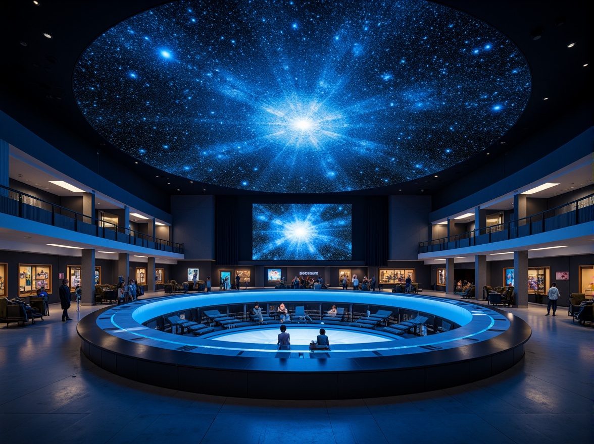 Prompt: Cosmic planetarium interior, dark blue ceiling, twinkling star lights, circular seating arrangement, raised platform stage, spherical dome projection screen, surround sound system, interactive exhibit stations, astronomy-themed displays, glow-in-the-dark accents, minimalist modern architecture, sleek metal railings, polished concrete floors, ambient blue lighting, shallow depth of field, 1/1 composition, realistic textures, ambient occlusion.