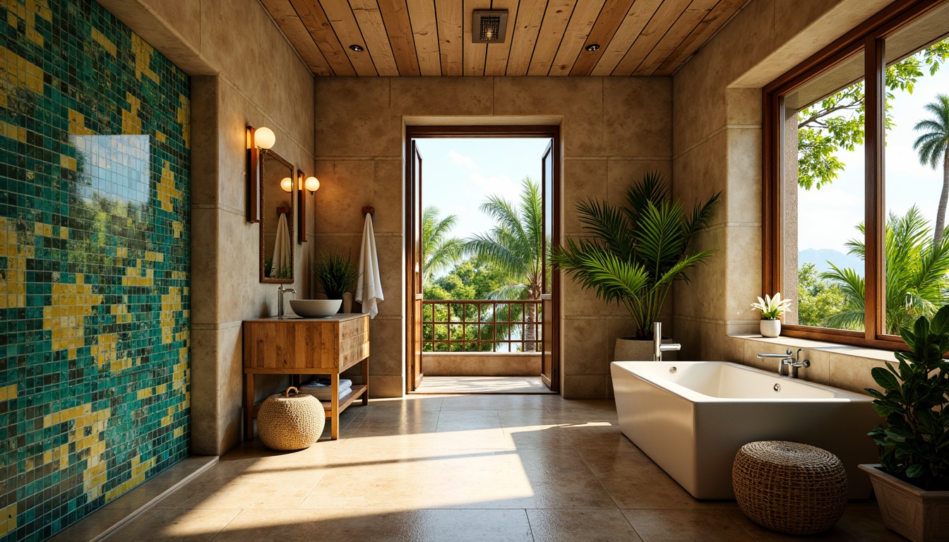 Prompt: Vibrant tropical bathroom, colorful mosaic tiles, natural stone walls, exotic leaf pattern, palm tree-inspired design, warm beige flooring, soft golden lighting, spa-like ambiance, freestanding tub, rainfall showerhead, lush greenery, tropical flowers, wooden accents, woven textiles, bamboo-inspired cabinetry, refreshing aqua hues, ocean-inspired blues, sandy neutrals, 3/4 composition, panoramic view, realistic textures, ambient occlusion.