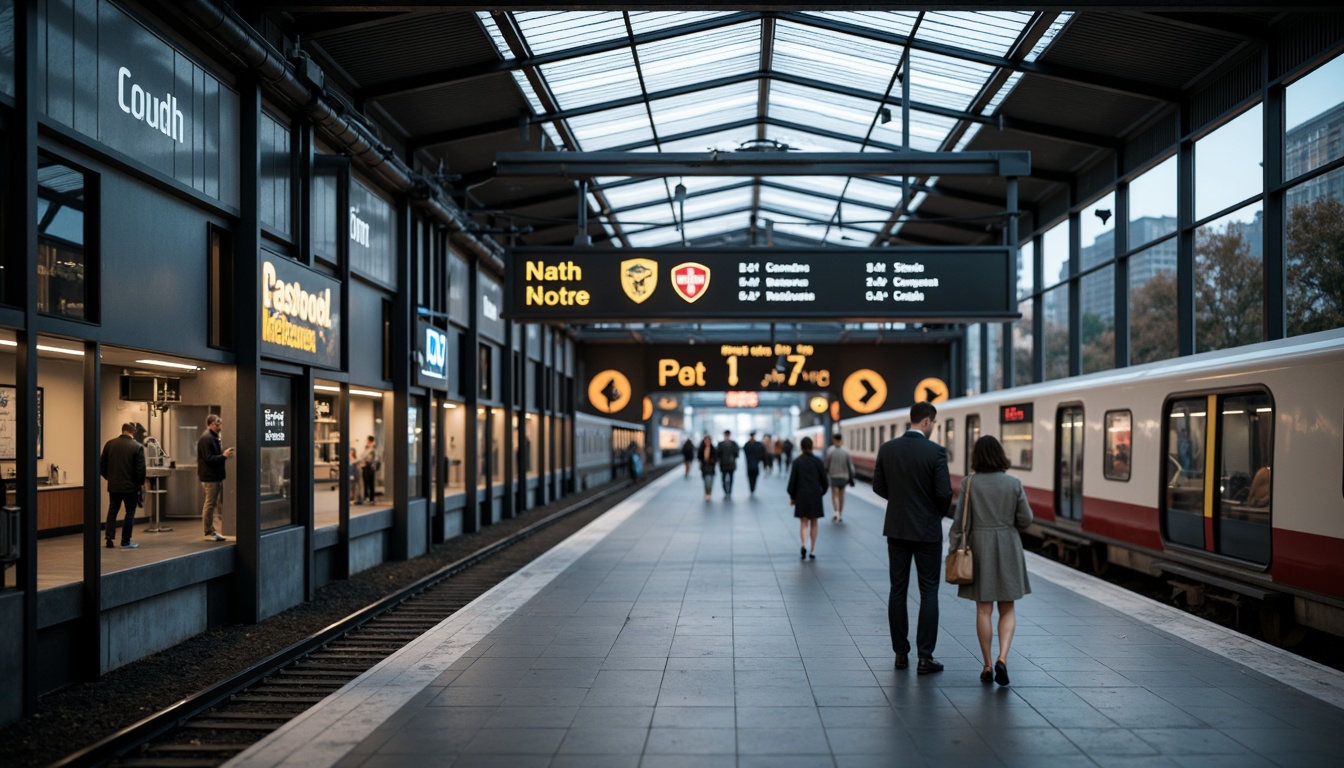 Prompt: Modern train station, sleek metal framework, large glass windows, minimalist signage, simple typography, bold font colors, wayfinding arrows, platform numbers, real-time schedule displays, clean lines, industrial materials, urban atmosphere, bustling crowds, morning commute, soft natural lighting, shallow depth of field, 1/1 composition, realistic textures.