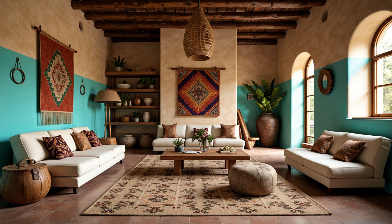 Prompt: Vibrant turquoise accents, earthy adobe walls, rustic wooden beams, plush woven rugs, geometric patterned throw pillows, colorful Zapotec-inspired tapestries, natural fiber upholstery, reclaimed wood furniture, distressed leather ottomans, woven basket lighting fixtures, soft warm lighting, shallow depth of field, 3/4 composition, panoramic view, realistic textures, ambient occlusion.