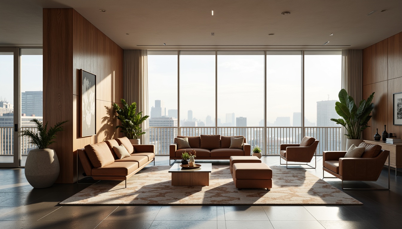 Prompt: Curved lines, minimalist aesthetic, luxurious materials, low-profile sofas, chrome accents, geometric patterns, velvet upholstery, walnut wood finishes, ambient lighting, floor-to-ceiling windows, cityscape views, morning sunlight, soft shadows, 1/1 composition, symmetrical balance, realistic reflections, sleek metallic legs, ergonomic chairs, adjustable headrests, tufted ottomans, abstract artwork, neutral color palette.