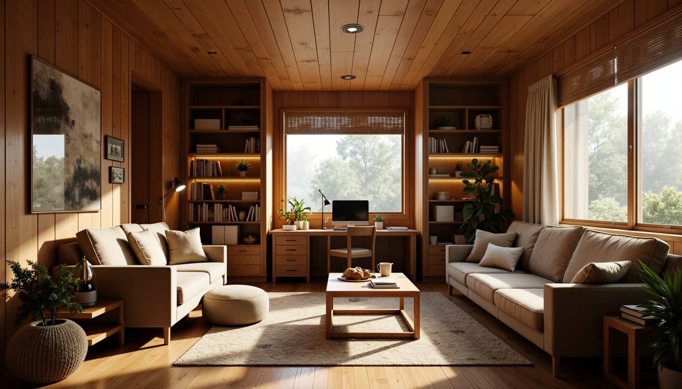 Prompt: Cozy home office, warm wood tones, comfortable seating, organized workspace, ergonomic chair, clutter-free desk, natural textiles, earthy color palette, soft overhead lighting, table lamps, floor lamps, LED strips, ambient glow, subtle shadows, 1/1 composition, intimate atmosphere, relaxed vibe, morning sunlight, gentle warmth, minimalist decor.