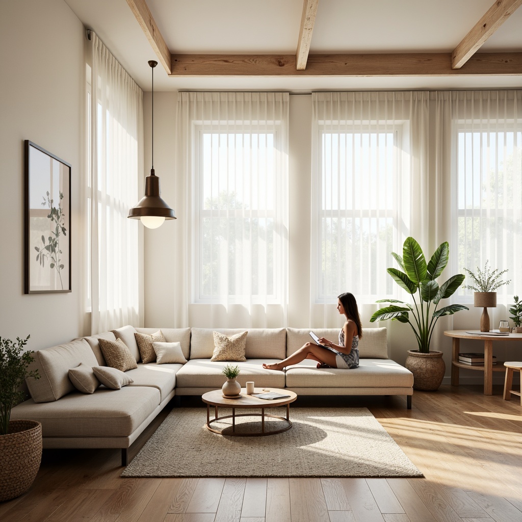 Prompt: Minimalist living room, light-filled space, airy atmosphere, sleek wooden floors, cream-colored walls, floor-to-ceiling windows, sheer curtains, cozy reading nook, comfortable sectional sofa, minimalist coffee table, industrial-style pendant lighting, potted greenery, natural textiles, woven baskets, Scandinavian-inspired decorative accents, subtle color palette, warm soft lighting, shallow depth of field, 1/2 composition, relaxed morning atmosphere.