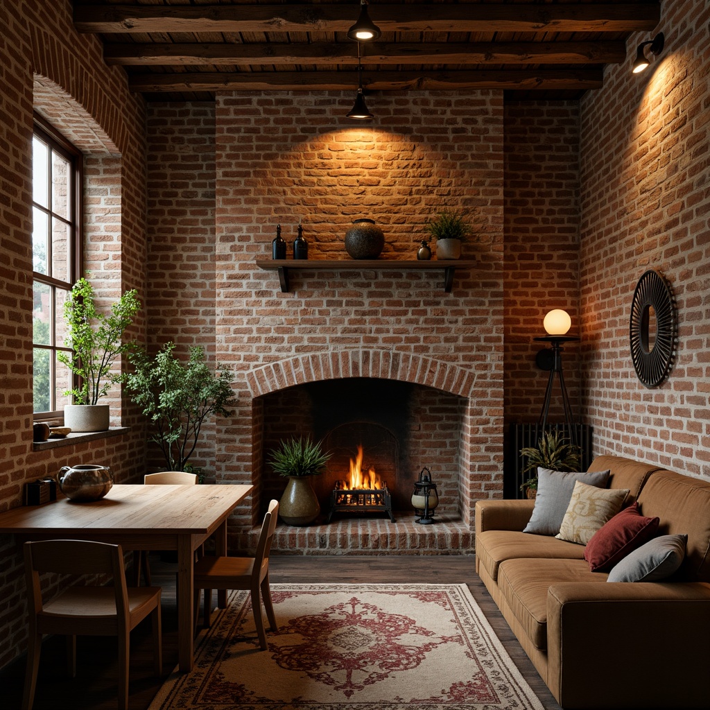 Prompt: Rustic brick walls, distressed finishes, earthy tones, natural stone accents, rough-hewn wooden beams, vintage decorative elements, warm ambient lighting, cozy intimate atmosphere, 3/4 composition, shallow depth of field, realistic textures, ambient occlusion.