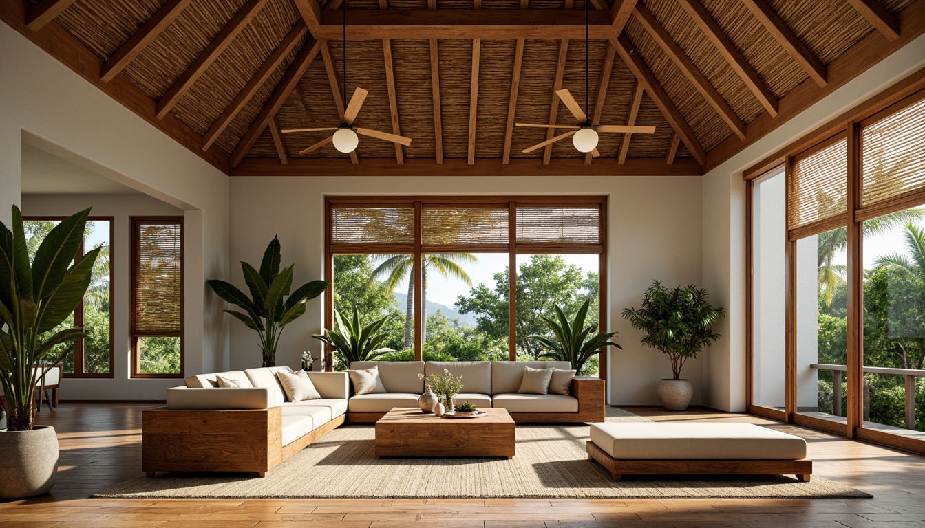 Prompt: Tropical style interior, natural ventilation, woven bamboo ceiling fans, large windows, sliding glass doors, louvered shutters, jalousie windows, cross ventilation, high ceilings, clerestory windows, wooden accents, rattan furniture, lush greenery, potted plants, natural textiles, woven fibers, earthy tones, warm lighting, soft shadows, 1/1 composition, symmetrical balance, realistic materials, subtle animations.