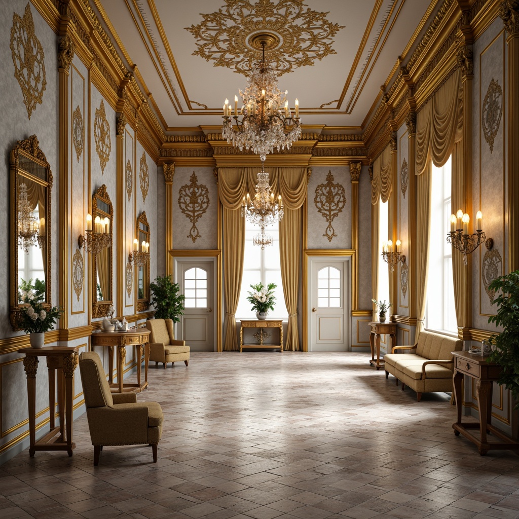 Prompt: Opulent Rococo-style interior, ornate gold accents, delicate floral patterns, intricate tile work, hexagonal shapes, soft pastel colors, luxurious fabrics, velvet drapes, crystal chandeliers, elegant furnishings, carved wooden paneling, ornamental mirrors, grandiose ceilings, warm candlelight, shallow depth of field, 1/1 composition, realistic textures, ambient occlusion.