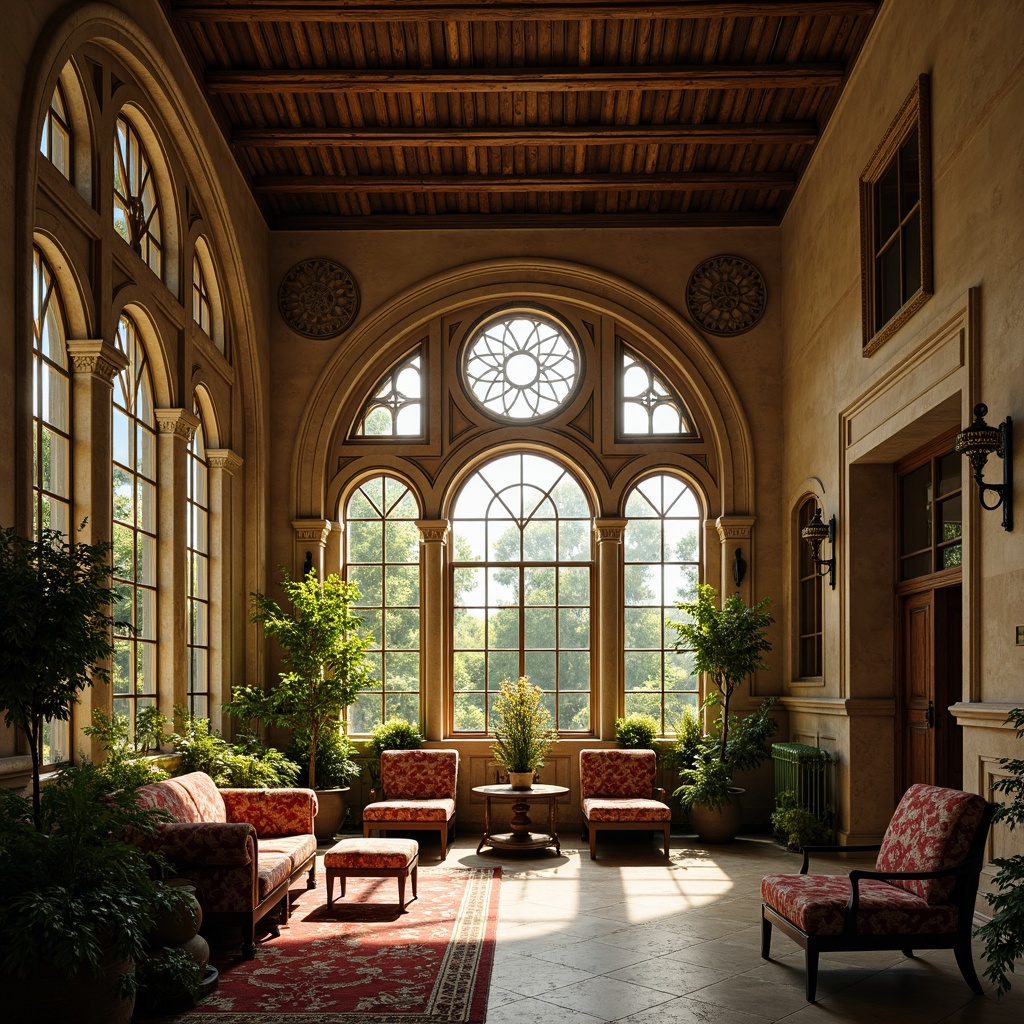 Prompt: Ornate sunroom, grandiose arches, ribbed vaulted ceilings, stained glass windows, intricate stone carvings, lush greenery, natural light pouring in, warm beige stonework, rustic wooden beams, ornamental metalwork, mysterious ambiance, dramatic shadows, rich velvet drapes, antique furnishings, mystical atmosphere, soft golden lighting, 3/4 composition, shallow depth of field, realistic textures.