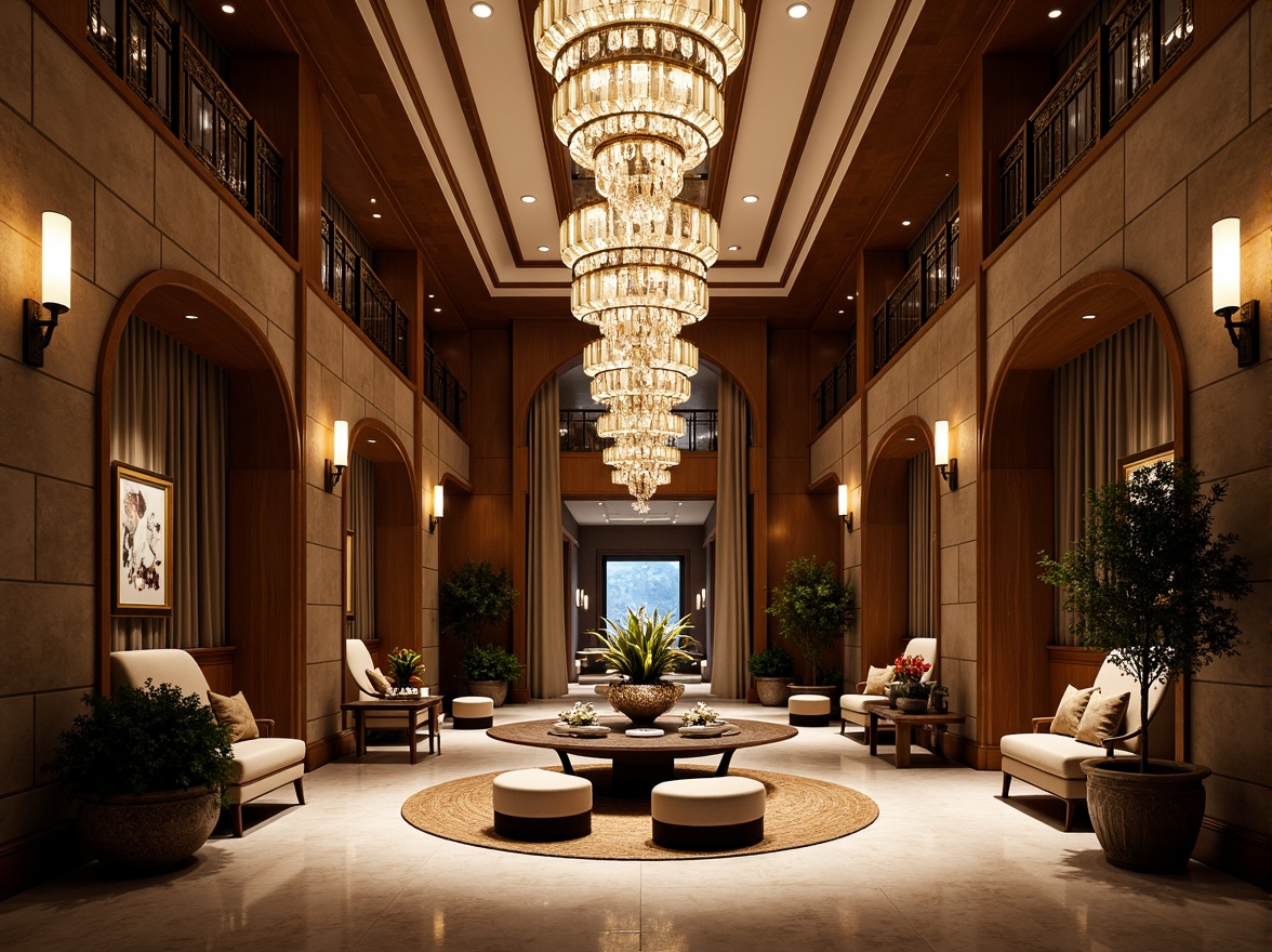 Prompt: Opulent hotel lobby, grand chandeliers, ornate sconces, crystal droplets, luxurious fabrics, rich wood tones, intricate moldings, regal columns, lavish furnishings, elegant archways, refined metalwork, soft warm glow, dramatic spotlighting, 1/1 composition, shallow depth of field, realistic textures, ambient occlusion.