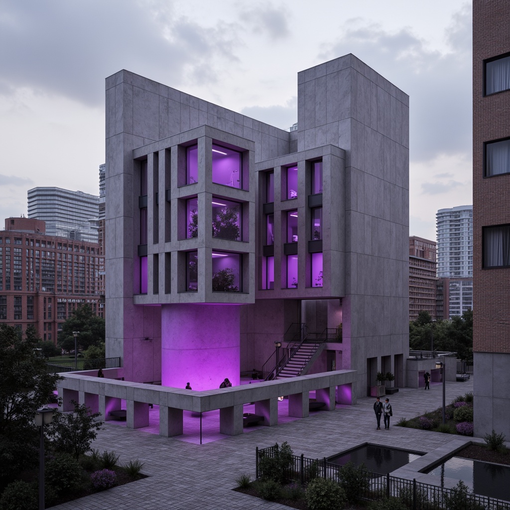 Prompt: Monochromatic brutalist architecture, industrial concrete textures, orchid accent walls, vibrant purple hues, geometric patterns, minimalist ornamentation, urban cityscape, overcast skies, dramatic shadows, high-contrast lighting, cinematic composition, 1/1 aspect ratio, bold color blocking, abstract expressionism.