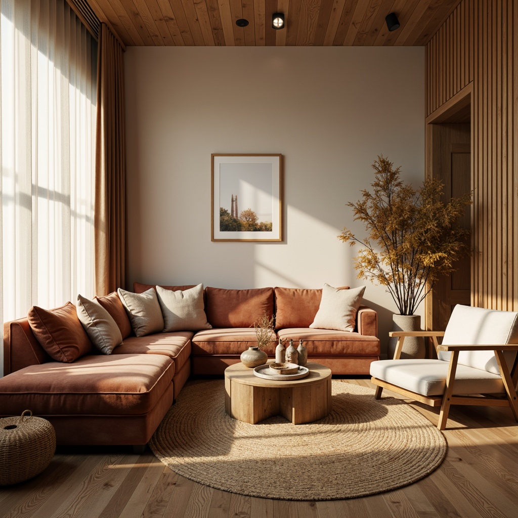 Prompt: Cozy living room, plush velvet sofas, soft cushions, woven basket chairs, natural fiber rugs, warm beige walls, wooden accents, modern minimalist decor, floor-to-ceiling windows, sheer curtains, gentle diffused light, 1/1 composition, intimate atmosphere, realistic fabric textures, ambient occlusion.