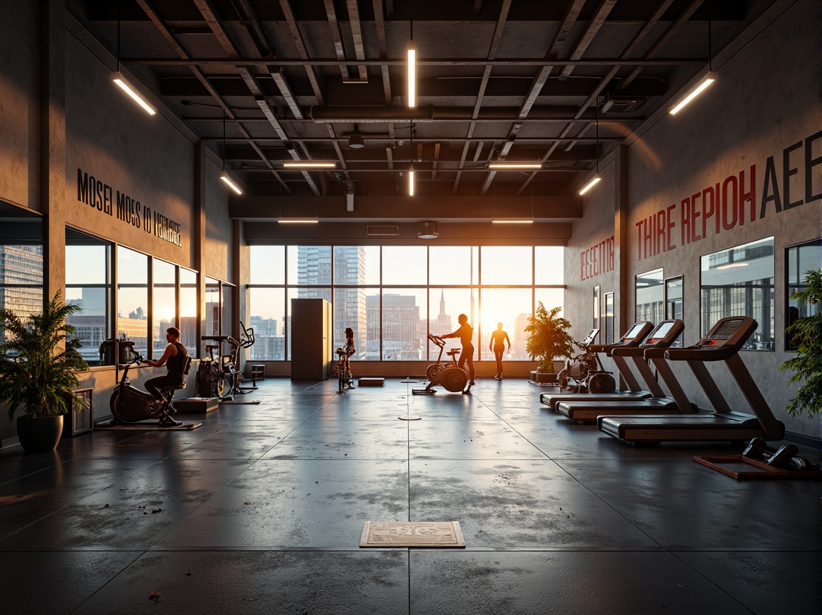 Prompt: Well-lit gymnasium, high ceilings, mirrored walls, rubber flooring, exercise equipment, free weights, treadmills, stationary bikes, motivational quotes, energizing color scheme, bright overhead lighting, spotlights on machinery, soft ambient glow, natural daylight, floor-to-ceiling windows, urban cityscape views, early morning sunlight, warm golden tones, shallow depth of field, 1/2 composition, realistic reflections, subtle lens flares.