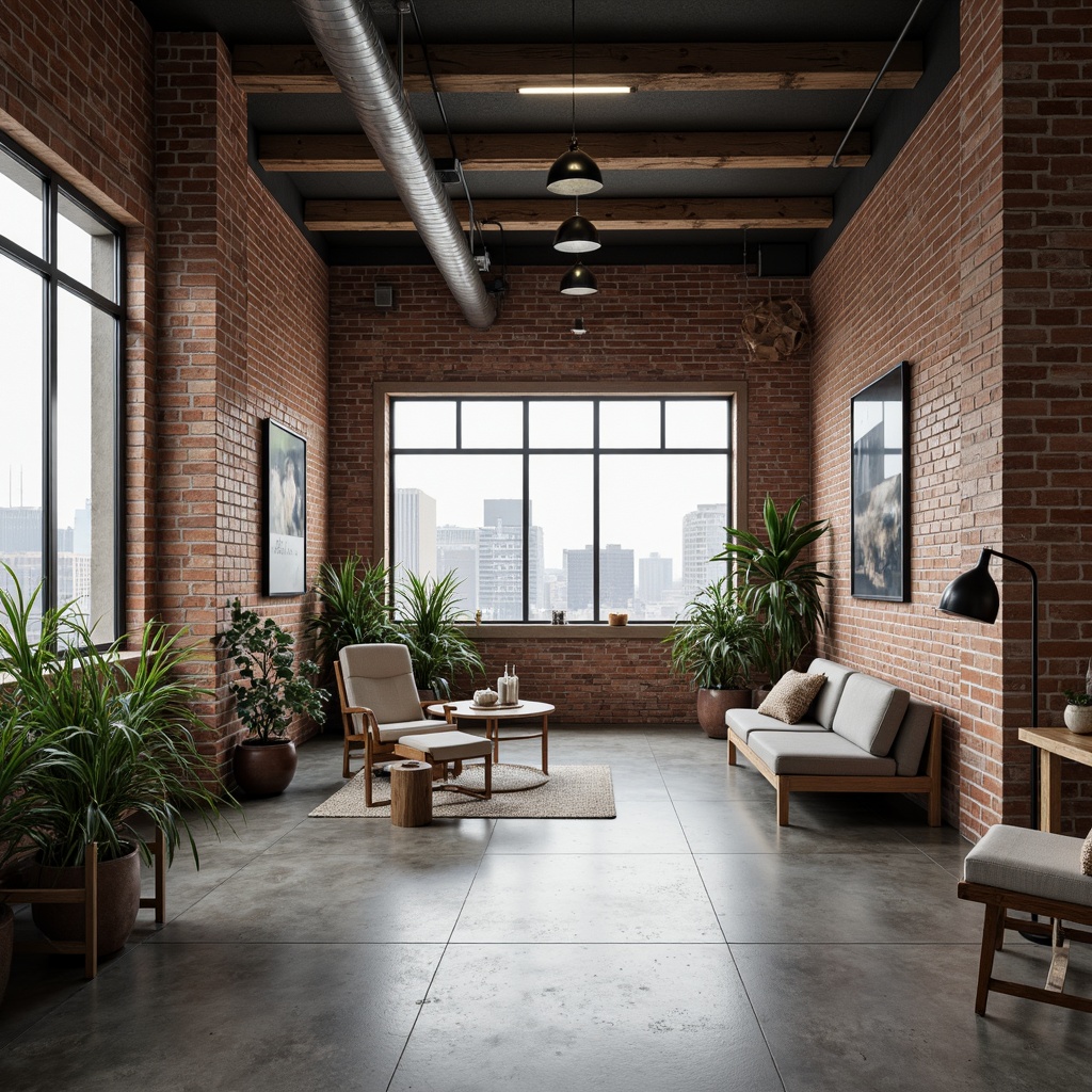 Prompt: Exposed brick walls, polished concrete floors, industrial metal beams, reclaimed wood accents, minimalist lighting fixtures, sparse greenery, monochromatic color scheme, functional furniture pieces, geometric-shaped decorations, urban cityscape views, soft natural light, shallow depth of field, 1/1 composition, realistic textures, ambient occlusion.