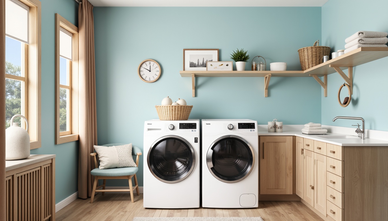 Prompt: Cozy laundry room, soft pastel hues, calming blue tones, crisp white accents, warm beige cabinets, sleek metal appliances, natural wood floors, subtle texture contrast, task-oriented lighting, airy feel, minimal decor, functional layout, serene ambiance, gentle color transitions, 3/4 composition, realistic rendering, ambient occlusion.