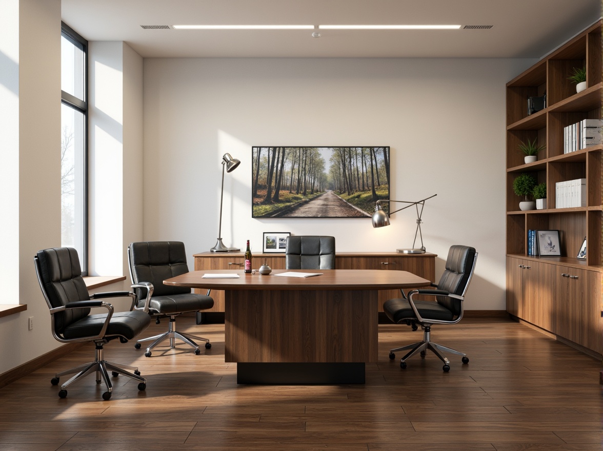 Prompt: Curved office desks, polished chrome legs, ergonomic chairs, tufted leather upholstery, minimalist shelves, geometric metal lamps, creamy white walls, dark hardwood floors, modernist artwork, sleek glass partitions, built-in cabinetry, subtle wood grain textures, warm ambient lighting, shallow depth of field, 1/1 composition, realistic renderings, soft focus background.