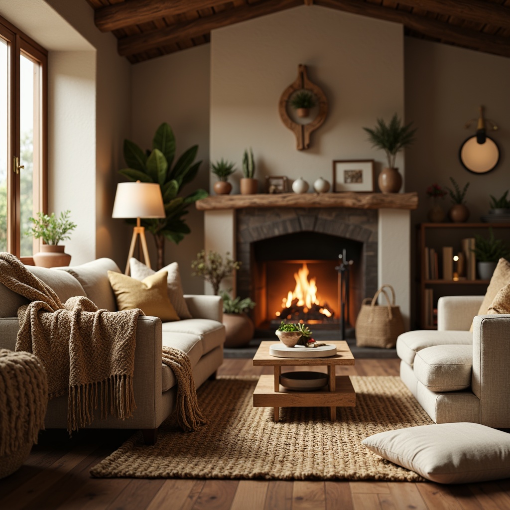 Prompt: Cozy living room, plush throw blankets, chunky knit pillows, soft woven rugs, natural fiber upholstery, warm beige walls, rustic wooden accents, crackling fireplace, golden lamp lighting, shallow depth of field, 1/1 composition, realistic textures, ambient occlusion.