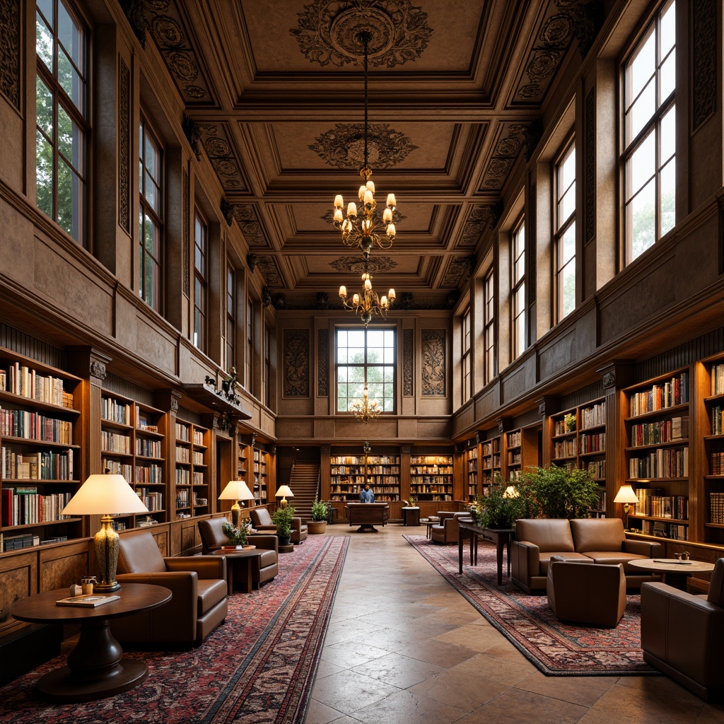 Prompt: Richly ornamented library interior, warm wood tones, comfortable seating areas, soft golden lighting, intricate moldings, vintage bookshelves, ornate chandeliers, subtle texture variations, earthy color scheme, muted green accents, creamy whites, deep blues, leather-bound books, classic architectural details, grand reading rooms, natural stone floors, elegant furnishings, warm beige tones, richly patterned rugs, sophisticated ambiance, harmonious color balance, 1/1 composition, soft focus, realistic textures.