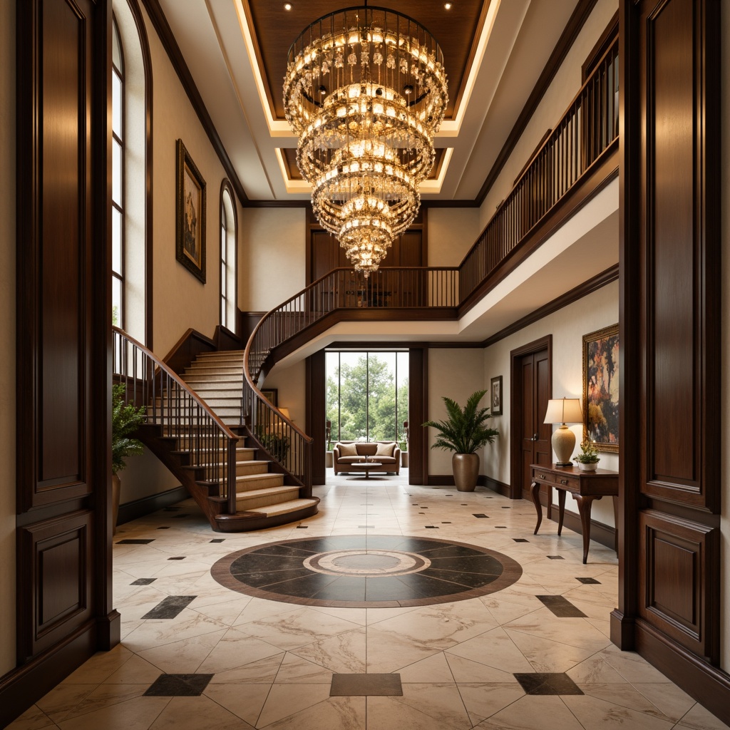 Prompt: Elegant entrance hall, marble flooring, luxurious atmosphere, grand chandelier, sweeping staircase, polished wooden banister, soft warm lighting, shallow depth of field, 3/4 composition, panoramic view, realistic textures, ambient occlusion.