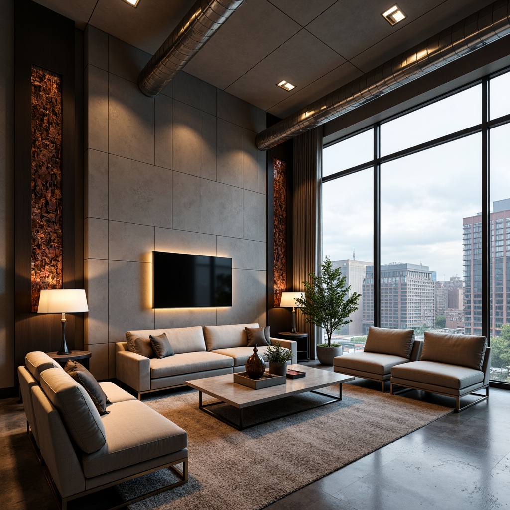 Prompt: Luxurious living room, metallic accents, polished chrome furniture legs, sleek silver coffee table, glossy copper decorative wall art, industrial-chic exposed ductwork, modern minimalist lighting fixtures, rich velvet sofas, plush area rugs, natural stone flooring, floor-to-ceiling windows, urban cityscape views, dramatic high ceilings, warm ambient lighting, 1/1 composition, soft focus blur, realistic reflections.