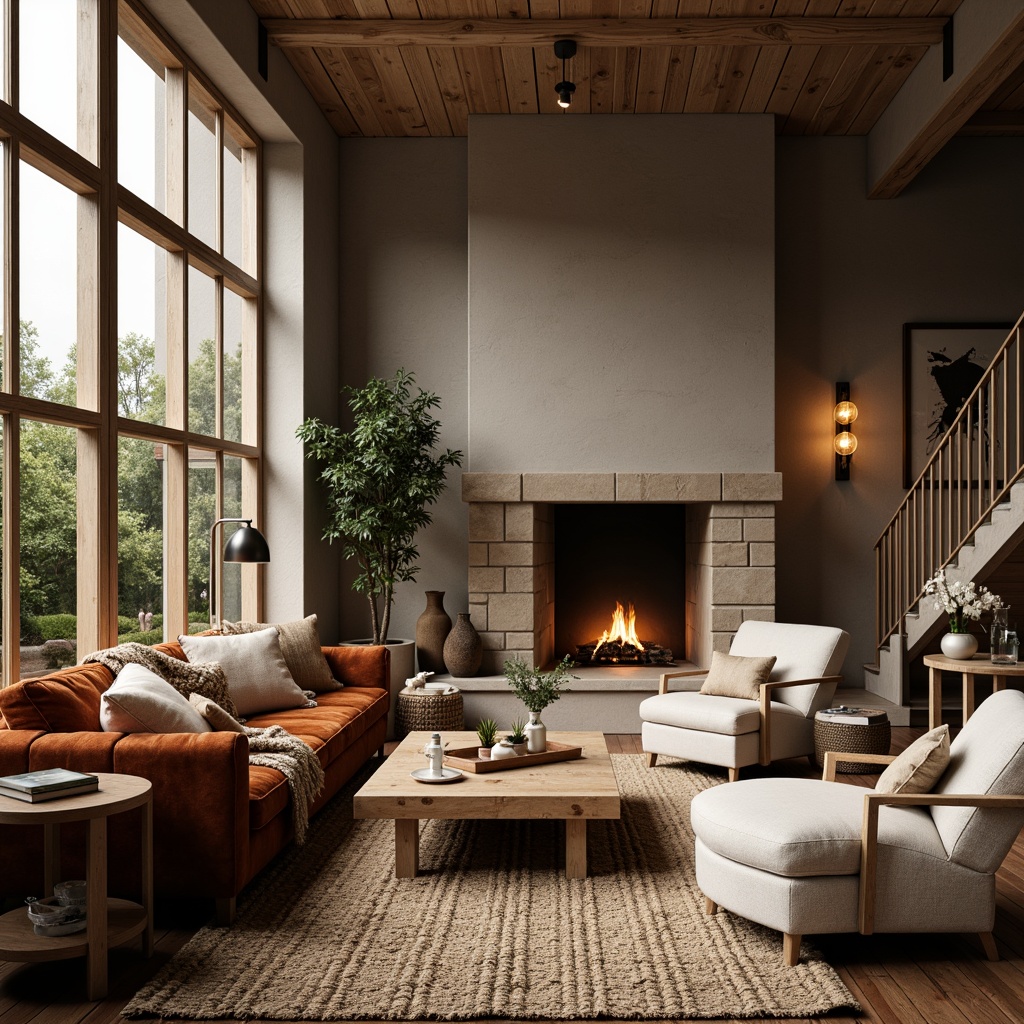 Prompt: Cozy living room, plush velvet sofa, soft woven rug, warm wooden coffee table, natural stone fireplace, comfortable throw pillows, textured blankets, earthy tone walls, floor-to-ceiling windows, abundance of natural light, subtle ambient lighting, 1/1 composition, intimate atmosphere, realistic fabric textures, detailed upholstery stitching.