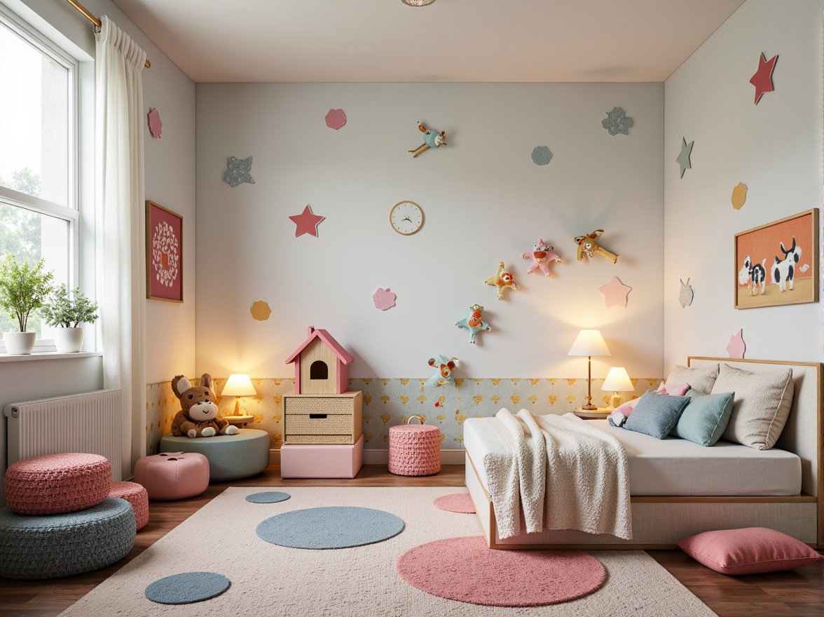 Prompt: Cozy kid's bedroom, plush area rug, soft pastel colors, whimsical wallpaper patterns, comfortable bedding sets, vibrant throw pillows, gentle texture fabrics, calming ambiance, warm floor lamps, minimalist modern furniture, storage ottomans, kid-friendly upholstery materials, colorful wall decals, fun geometric shapes, softbox lighting, shallow depth of field, 1/1 composition, realistic textures, ambient occlusion.