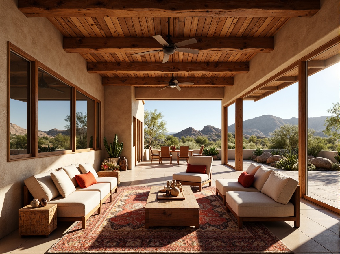 Prompt: Southwestern open floor plan, earthy tones, natural materials, wooden beams, adobe-inspired architecture, spacious living areas, floor-to-ceiling windows, sliding glass doors, indoor-outdoor connections, desert landscape views, cactus plants, warm sunny day, soft warm lighting, 3/4 composition, panoramic view, realistic textures, ambient occlusion, rustic wooden furniture, vibrant colorful textiles, geometric patterns, open kitchen concept, modern appliances, cooking island, cozy reading nooks, plush area rugs.