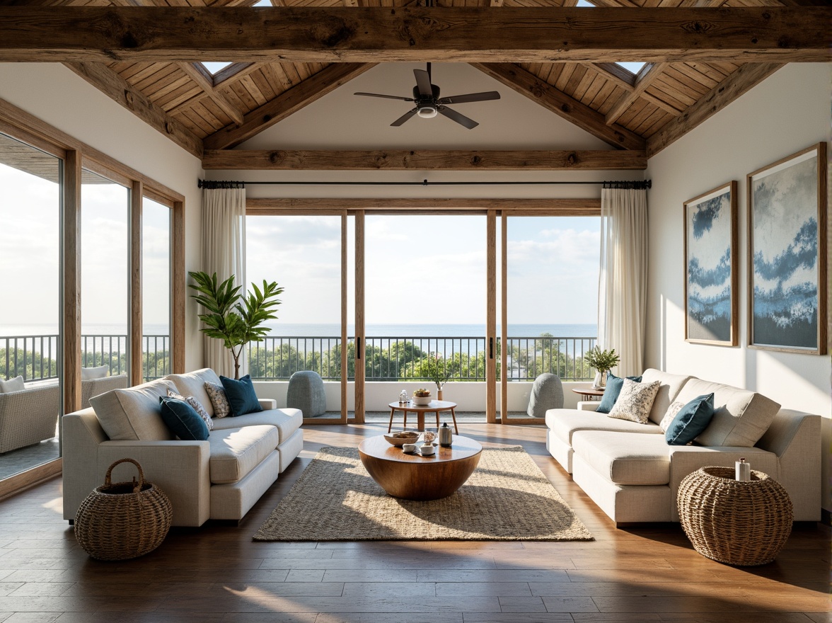 Prompt: Airy coastal living room, driftwood accents, sea salt colors, ocean-inspired textiles, natural fiber rugs, woven wicker furniture, shell decorations, soft warm lighting, shallow depth of field, 1/1 composition, minimalist decor, distressed wood walls, reclaimed wooden beams, nautical rope details, coral patterns, calming blue hues, floor-to-ceiling windows, sliding glass doors, seaside views, misty morning atmosphere.