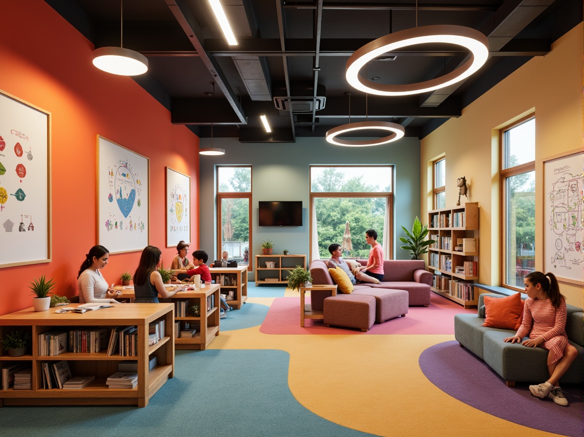 Prompt: Vibrant color scheme, soft warm lighting, cozy reading nooks, flexible seating arrangements, interactive whiteboards, educational display shelves, playful geometric patterns, whimsical illustrations, natural wood accents, comfortable carpets, collaborative workstations, energy-efficient LED lights, circular pendant lamps, minimalist ceiling fixtures, calm atmosphere, creative freedom.