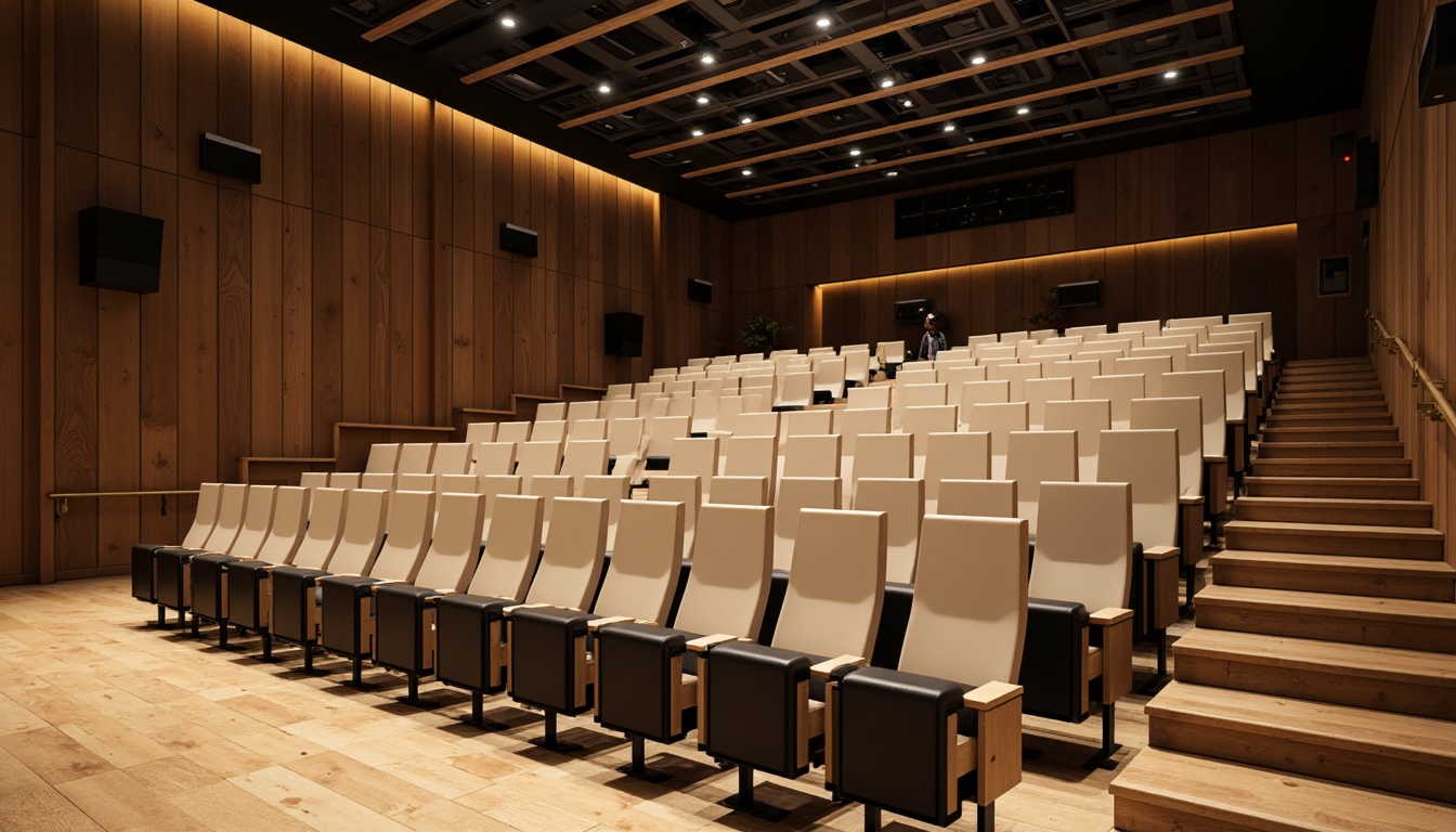 Prompt: Modern auditorium interior, sleek minimalist chairs, curved rows, premium sound systems, acoustic panels, wooden flooring, neutral color scheme, ambient lighting, high ceilings, open space, comfortable seating, ergonomic design, durable materials, subtle textures, elegant finishes, sophisticated atmosphere, warm color tones, panoramic view, shallow depth of field, 3/4 composition.