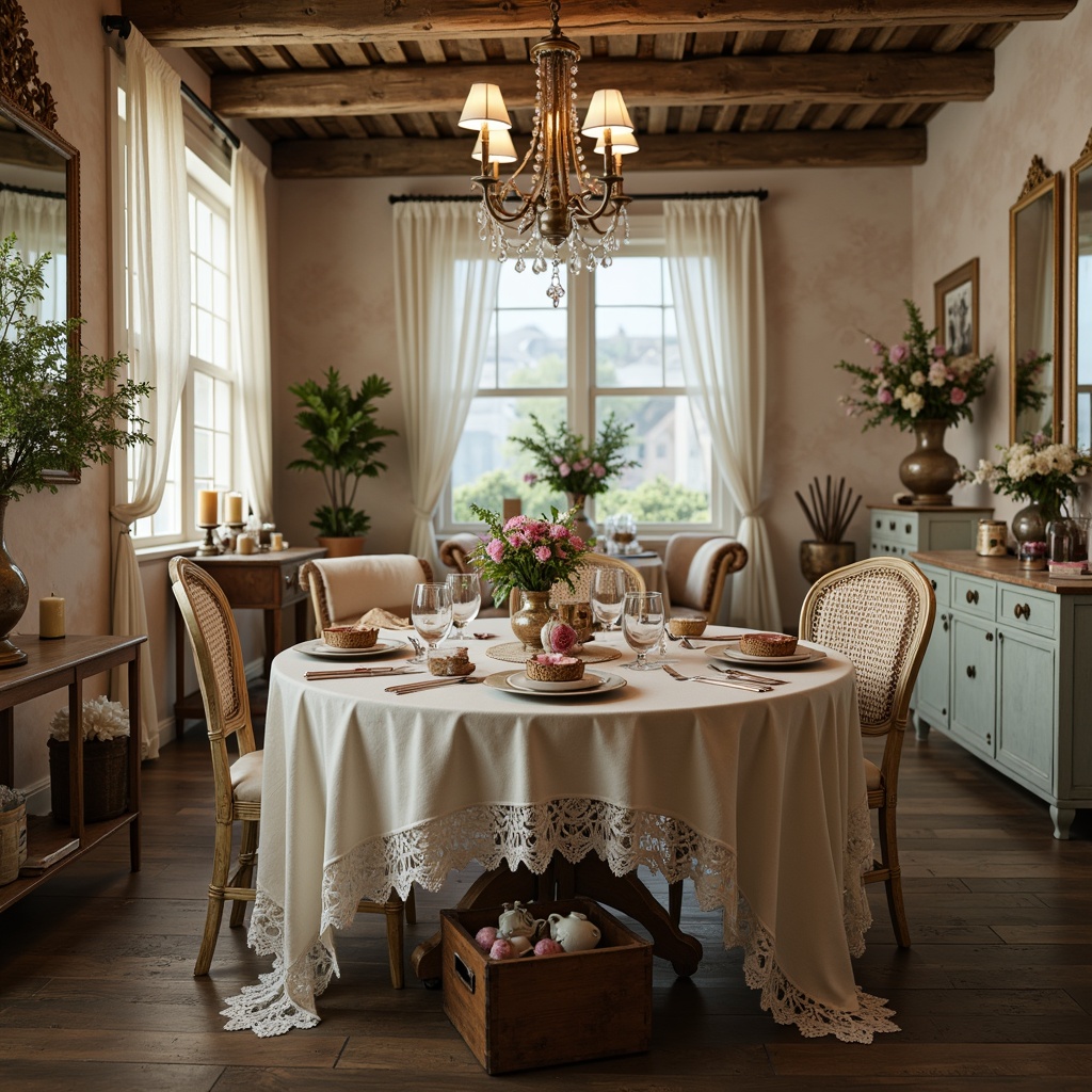 Prompt: Distressed vintage furniture, soft pastel hues, lace-trimmed curtains, ornate metalware, distressed finishes, floral patterns, ruffled fabrics, feminine silhouettes, antique accessories, warm candlelight, natural textiles, earthy tones, rustic wooden floors, ornate mirrors, subtle sheen, romantic ambiance, 1/2 composition, shallow depth of field, soft focus.