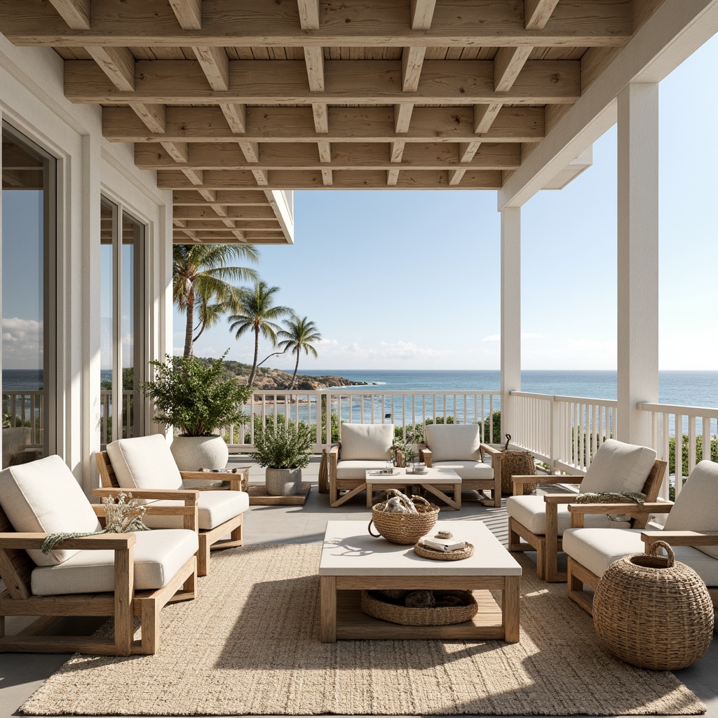 Prompt: Coastal-style beach house, weathered wood accents, soft sandy neutrals, calming ocean blues, crisp white trim, natural linen textiles, woven sea grass patterns, driftwood-inspired furniture, nautical rope details, sunny day, gentle sea breeze, warm soft lighting, shallow depth of field, 3/4 composition, panoramic view, realistic textures, ambient occlusion.