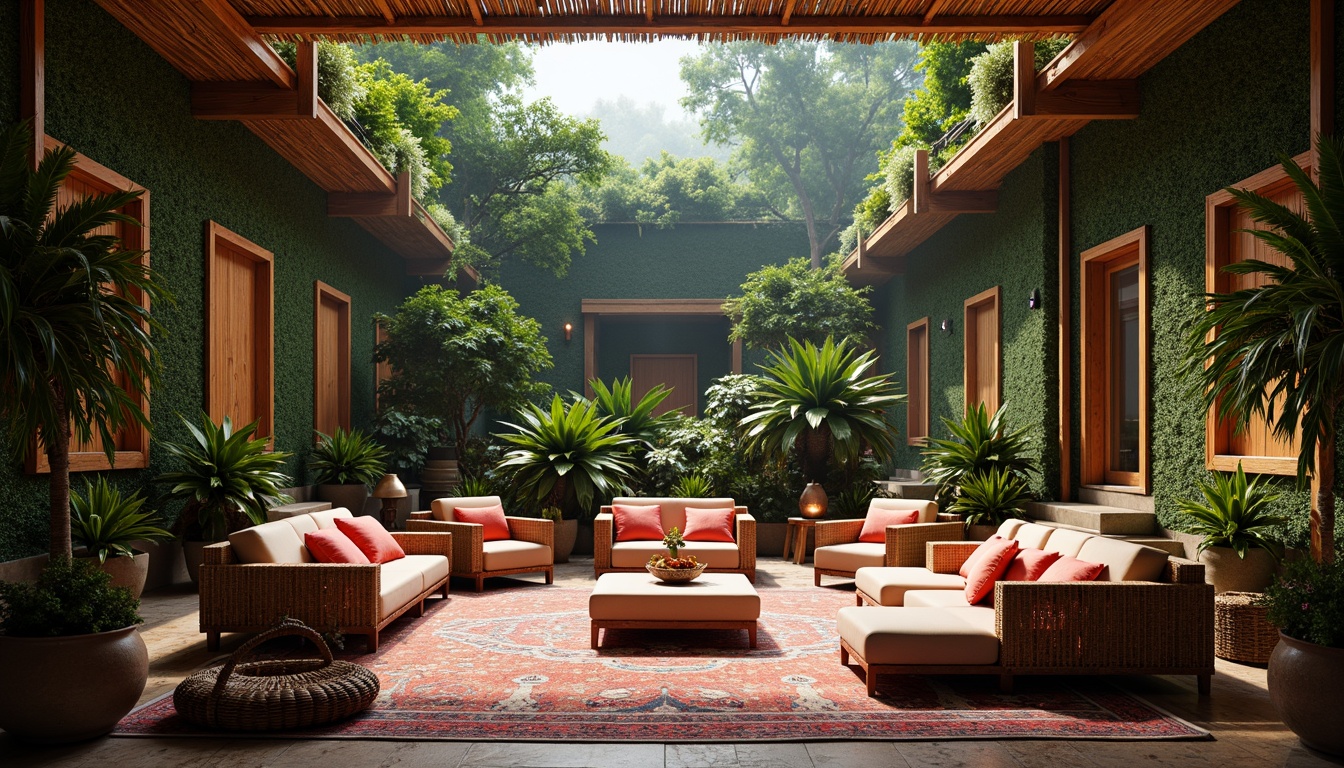 Prompt: Vibrant tropical amphitheater, lush greenery walls, exotic wood textures, rattan furniture, colorful tassel decorations, natural stone flooring, weathered wooden accents, woven bamboo roofs, eclectic patterned rugs, plush velvet seating, metallic lanterns, dramatic spotlighting, warm ambient lighting, misty atmosphere, 3/4 composition, symmetrical architecture, bold geometric shapes, vibrant coral-inspired hues, realistic foliage rendering.