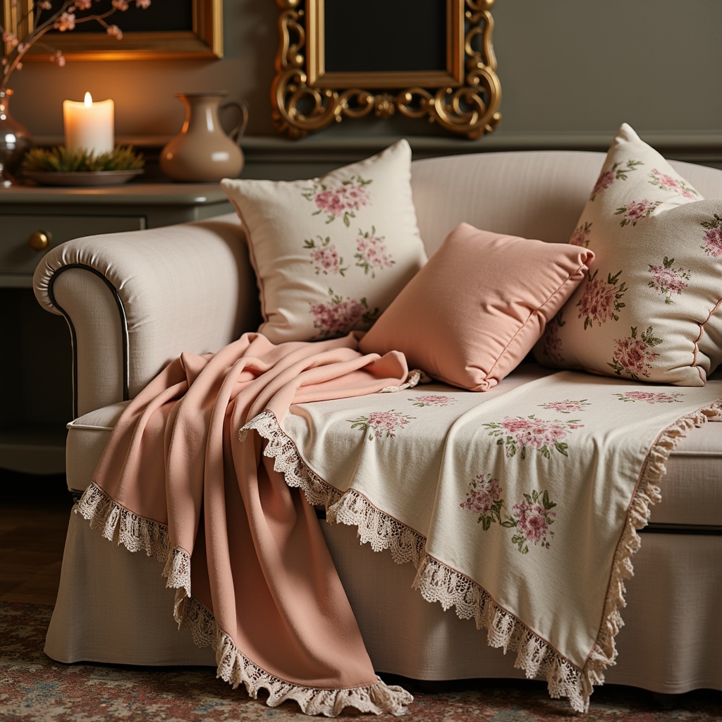 Prompt: Distressed vintage fabrics, soft peach tones, lace trimmings, gentle floral patterns, ruffled edges, delicate embroidery, worn velvet textures, muted pastel hues, antique furniture, ornate frames, warm candlelight, shallow depth of field, 1/2 composition, cozy atmosphere, romantic ambiance, subtle noise texture.