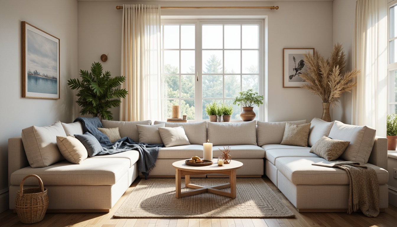 Prompt: Light-filled Nordic living room, soft beige walls, creamy white furniture, natural wood accents, woven textiles, subtle gray tones, calming blue hues, warm candlelight, rustic wooden floors, minimalist decor, simple geometric patterns, cozy throw blankets, plush area rugs, greenery-filled planters, morning sunlight, gentle shadows, 1/1 composition, shallow depth of field, soft focus, realistic textures.