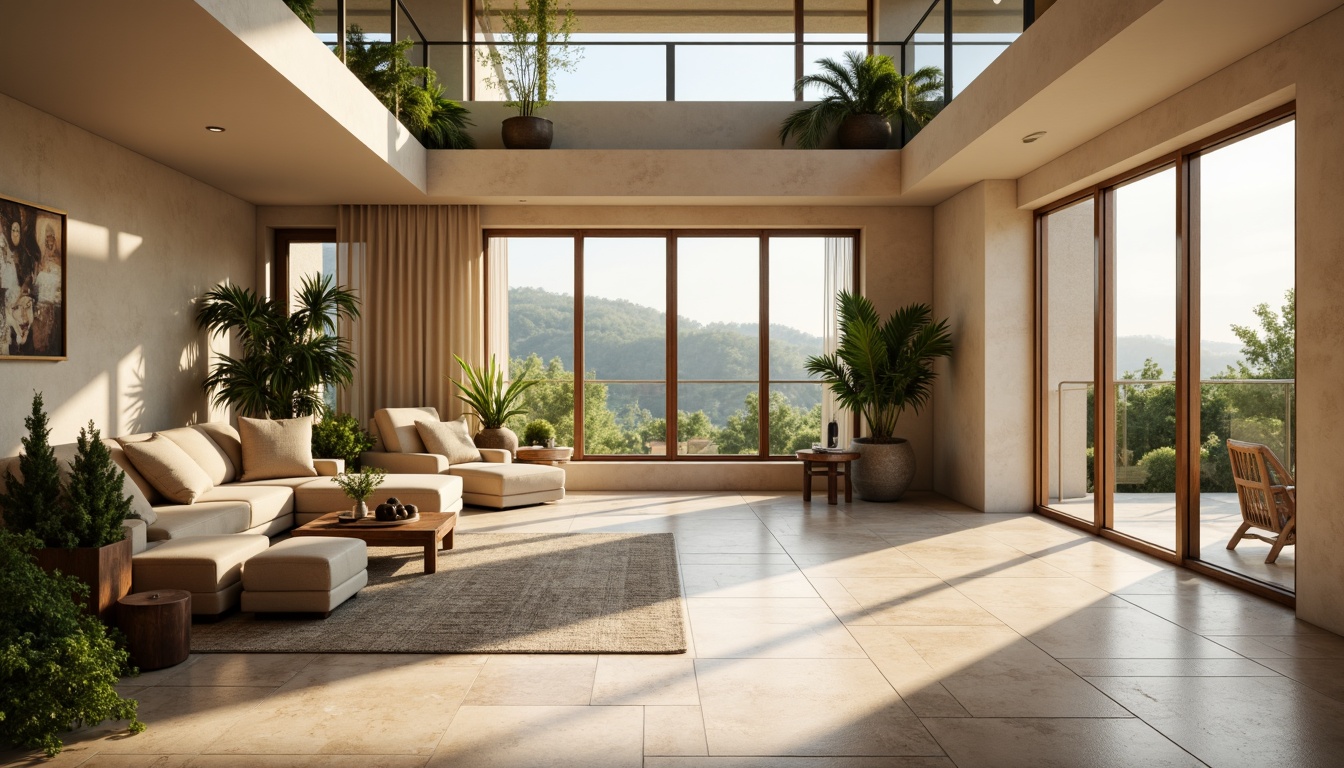 Prompt: Bright living room, floor-to-ceiling windows, sliding glass doors, natural stone flooring, warm beige walls, minimalist decor, greenery views, sun-drenched spaces, indirect soft lighting, 1/1 composition, shallow depth of field, realistic textures, ambient occlusion.