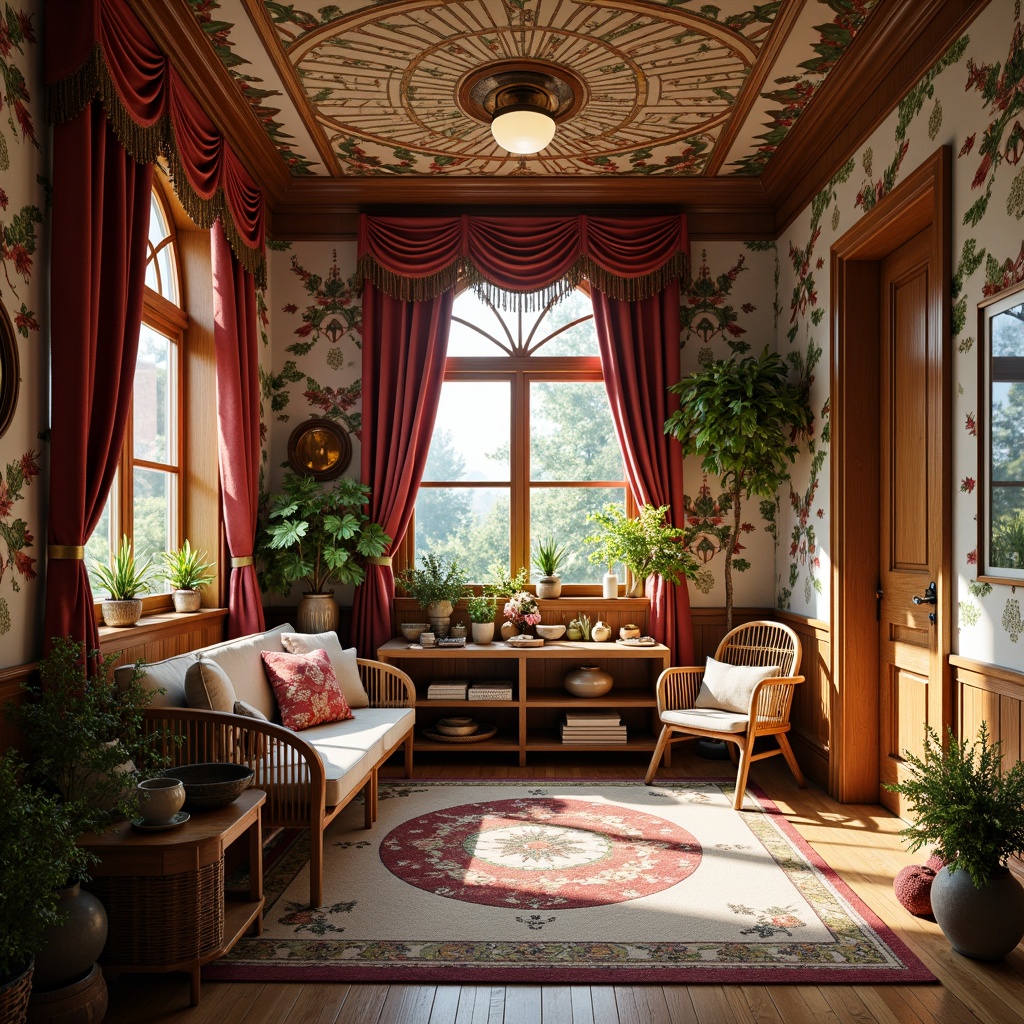 Prompt: Whimsical kid's room, sinuous lines, organic shapes, flowing curves, ornate furnishings, vibrant colors, stained glass windows, intricate wood carvings, luxurious fabrics, velvet drapes, tassel-trimmed canopies, curved wooden chairs, ornamental mirrors, Art Nouveau-inspired wallpaper, floral patterns, soft warm lighting, cozy reading nooks, plush area rugs, delicate ceramics, natural materials, earthy tones, nature-inspired accents, fantastical illustrations, dreamlike atmosphere.