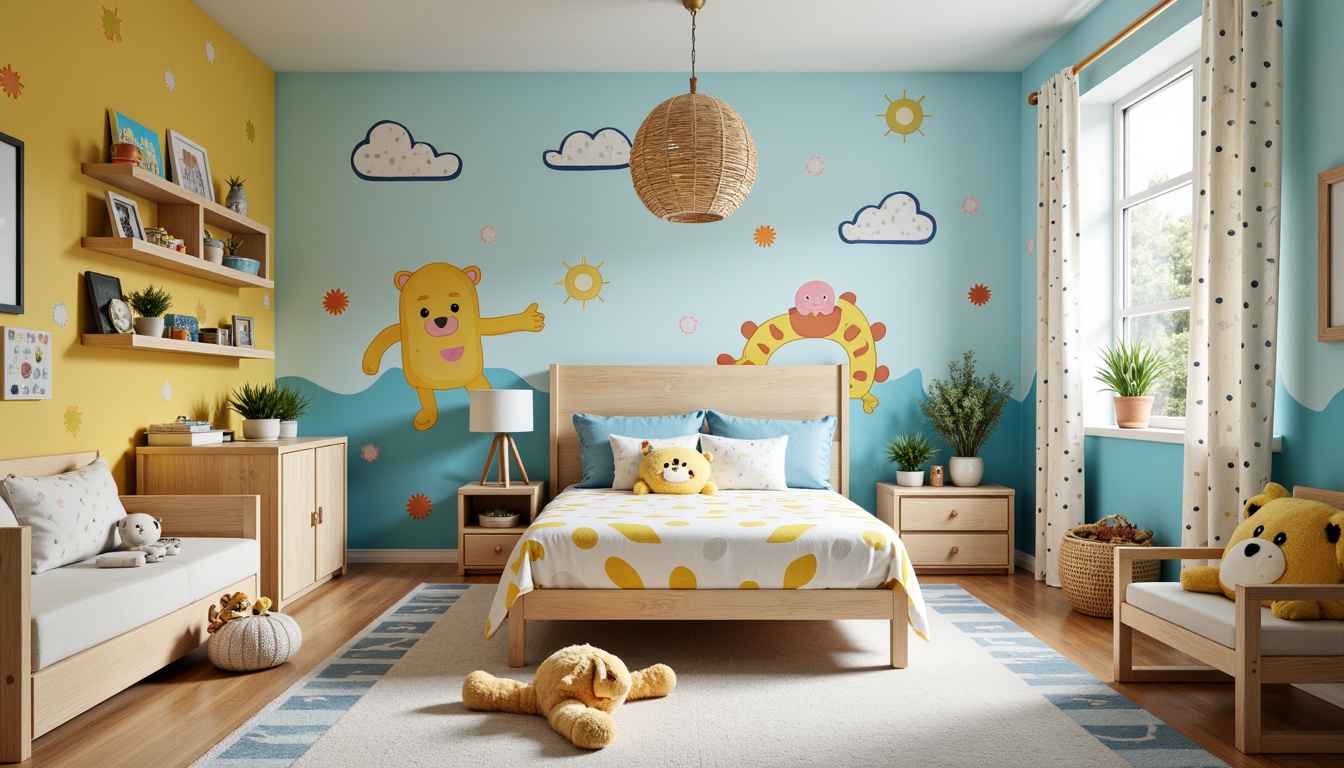 Prompt: Vibrant kids' bedroom, playful color scheme, bright hues, pastel shades, whimsical murals, cartoon character decals, soft plush toys, cozy bedding, wooden furniture, natural textiles, lively polka dots, gentle stripes, creamy whites, soothing blues, energetic yellows, imaginative artwork, fun accessories, youthful energy, warm lighting, shallow depth of field, 1/1 composition, realistic textures.