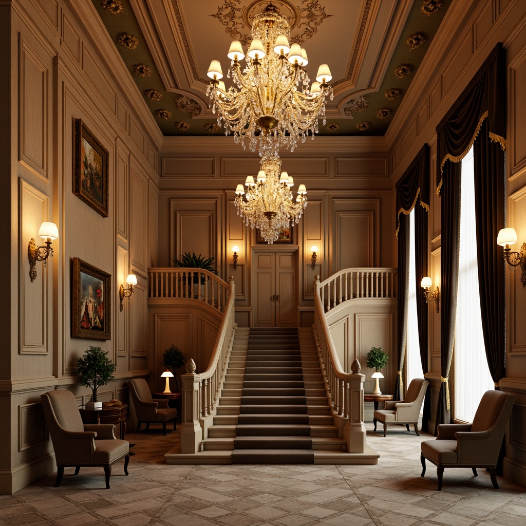 Prompt: Ornate chandeliers, crystal drops, luxurious gold accents, velvet drapes, rich wood paneling, intricate moldings, grand staircases, high ceilings, elegant sconces, candle-like lighting, warm beige tones, soft diffused light, 1/1 composition, symmetrical framing, subtle highlights, realistic textures, ambient occlusion.