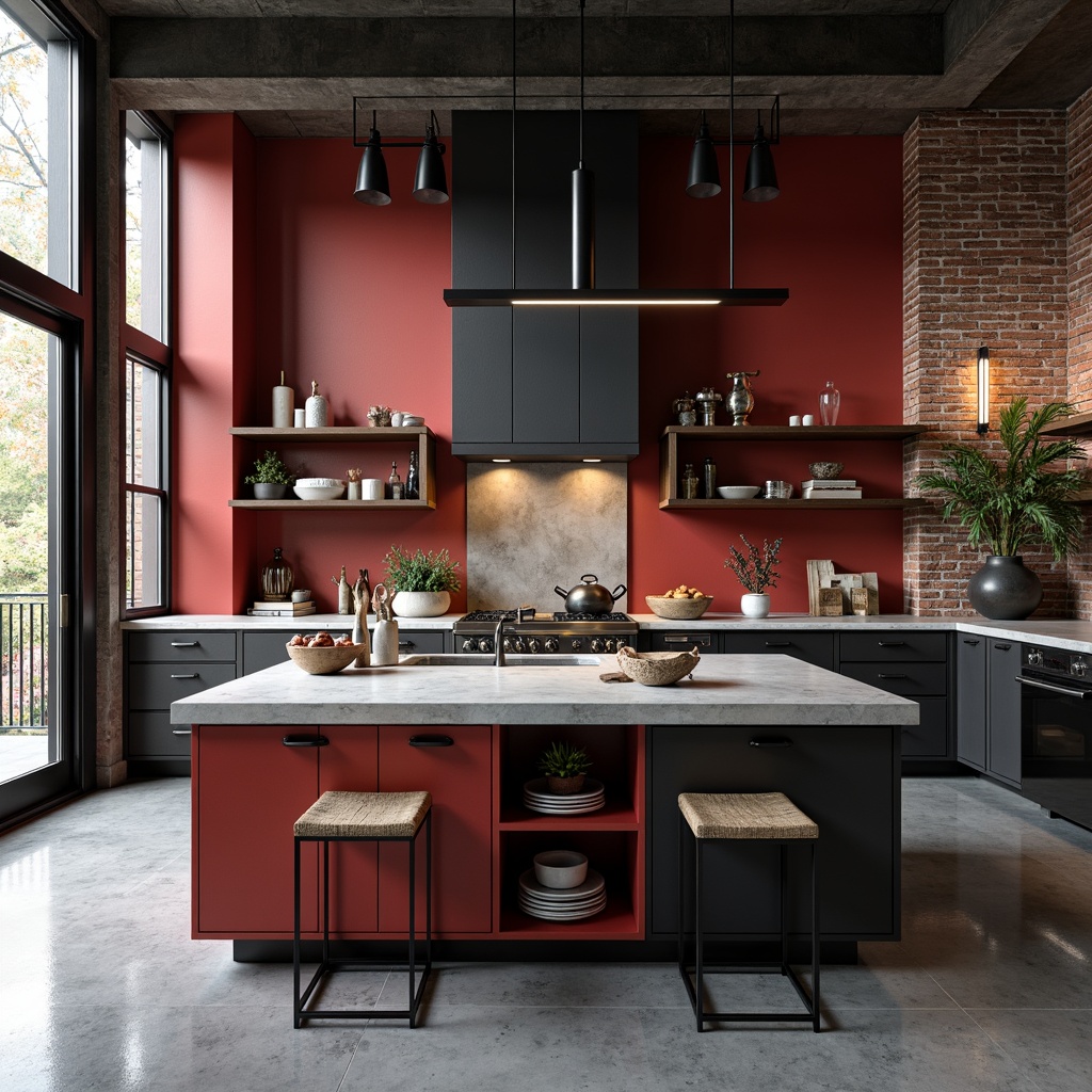 Prompt: Industrial kitchen island, exposed brick walls, concrete countertops, metal cabinetry, bold red accents, matte black fixtures, raw wood shelves, minimalist decor, dramatic pendant lighting, high-contrast color scheme, brutalist architectural style, functional design, stainless steel appliances, industrial-style range hood, urban loft atmosphere, gritty textures, high-ceiling, natural light pouring in, shallow depth of field, 1/2 composition, realistic render.