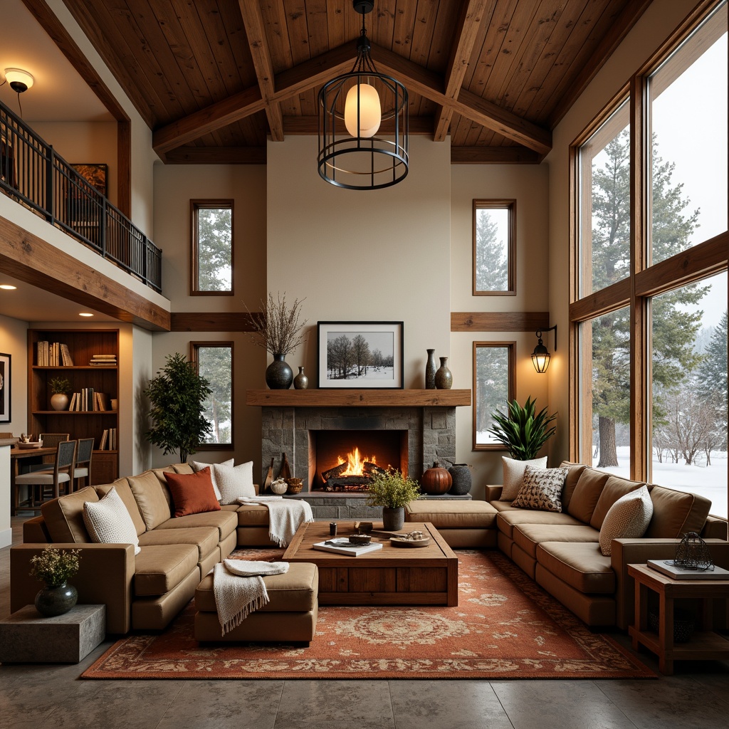 Prompt: Warm inviting great room, crackling fireplace, rustic wooden mantel, plush sectional sofa, soft golden lighting, warm beige walls, natural stone flooring, comfortable throw blankets, earthy scent, autumnal colors, large windows, panoramic views, snow-covered trees, winter wonderland, cozy reading nook, rich wood tones, ornate metalwork, vintage decorative items, soft instrumental music, relaxing ambiance, shallow depth of field, 2/3 composition, warm color palette, realistic textures, ambient occlusion.