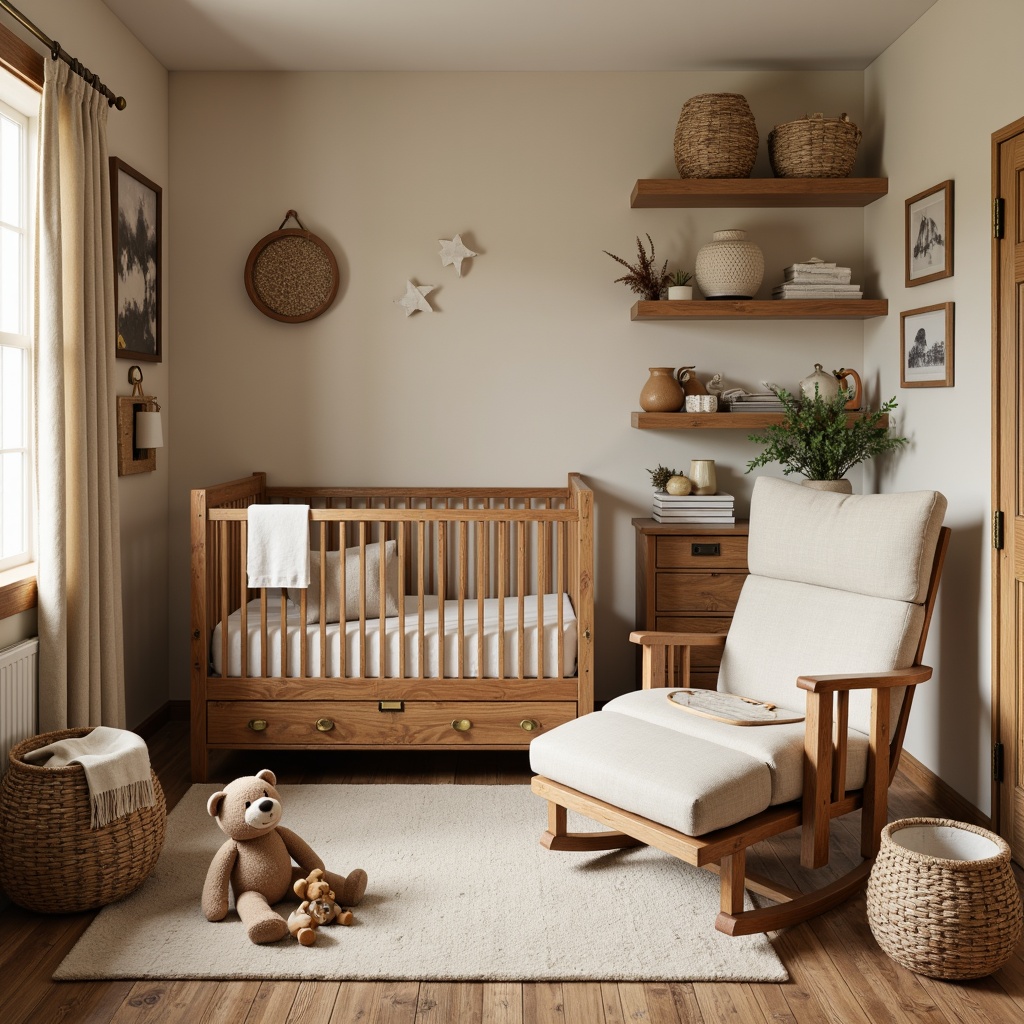 Prompt: Cozy nursery, wooden crib, plush toys, soft pastel colors, warm beige walls, rustic wood accents, vintage decorative items, distressed finishes, earthy tones, natural textiles, woven baskets, comfortable glider, oversized pillows, creamy whites, rich wood grains, traditional craftsmanship, ornate metal fixtures, subtle lighting, shallow depth of field, 1/2 composition, warm color palette.