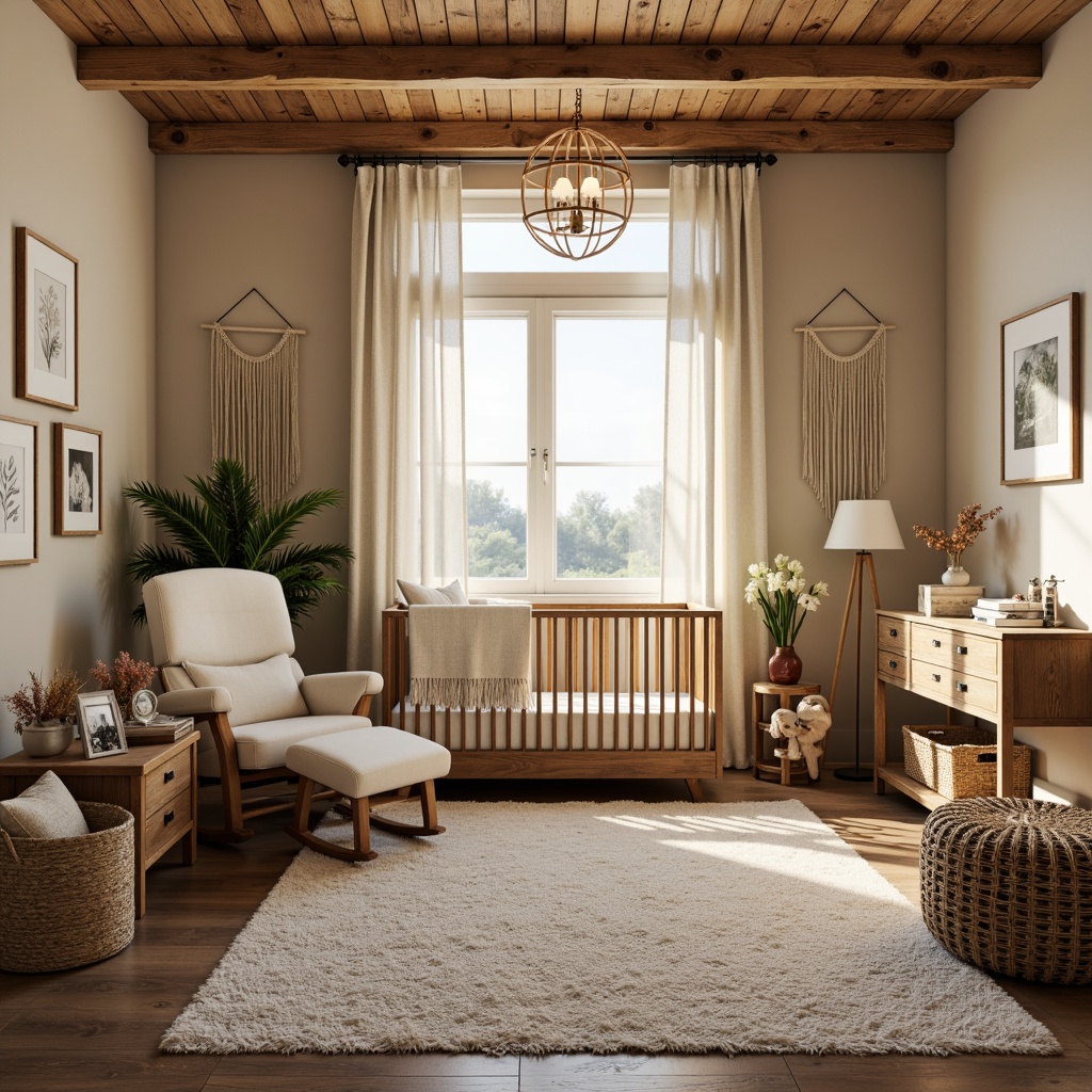 Prompt: Cozy nursery, natural wood tones, earthy color palette, plush area rug, vintage wooden crib, distressed furniture, woven baskets, macrame wall hangings, nature-inspired mobiles, soft warm lighting, warm beige walls, rich wood accents, comfortable glider rocker, neutral-toned fabrics, botanical prints, rustic metal decor, organic textures, shallow depth of field, 3/4 composition, realistic rendering.