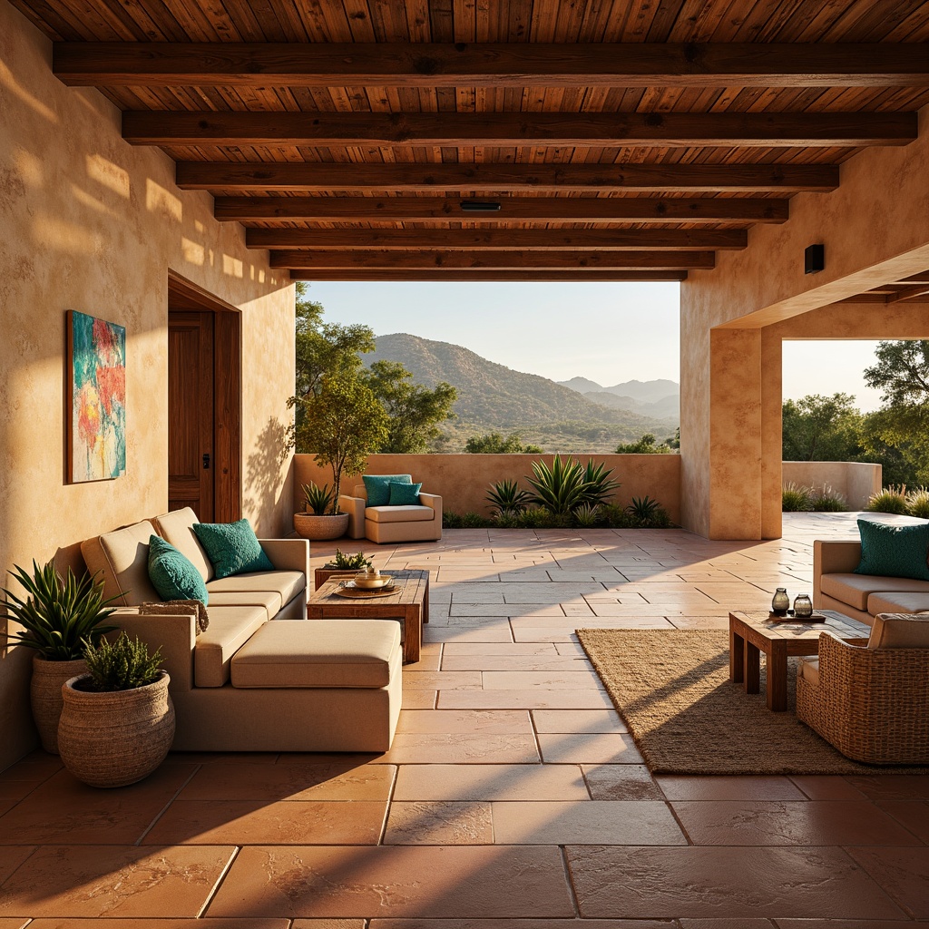 Prompt: Southwestern villa, open floor plan, high ceilings, exposed wooden beams, earthy tone walls, terracotta flooring, natural stone accents, rustic wooden furniture, woven textiles, vibrant turquoise decorations, arid landscape views, sunny desert climate, warm golden lighting, shallow depth of field, 1/1 composition, panoramic view, realistic textures, ambient occlusion.