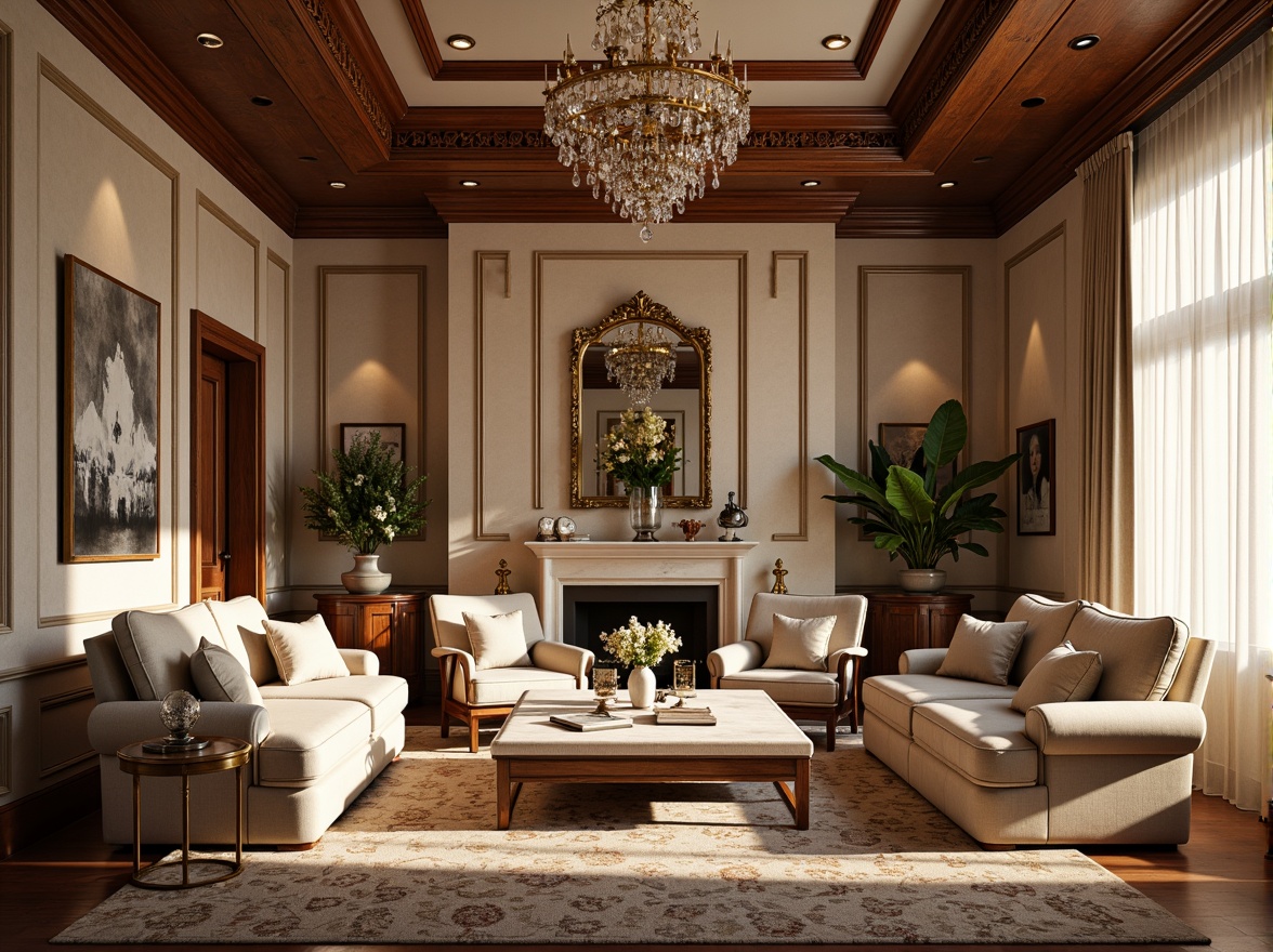 Prompt: Elegant living room, rich wood tones, ornate carvings, velvet upholstery, tufted sofas, wingback chairs, marble coffee tables, crystal chandeliers, golden accents, soft cream walls, luxurious drapes, subtle patterned rugs, traditional craftsmanship, refined silhouettes, warm beige colors, classic lines, sophisticated ambiance, afternoon sunlight, shallow depth of field, 1/1 composition, realistic textures, ambient occlusion.