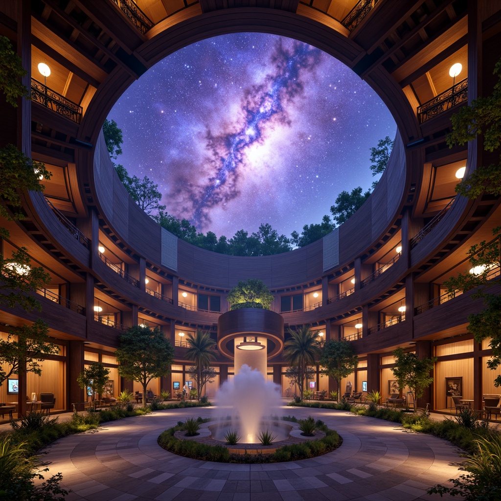 Prompt: Mysterious planetarium dome, celestial bodies, vibrant purple galaxy, shimmering silver stars, soft blue nebulae, warm golden lighting, intricate wooden carvings, traditional Asian-inspired architecture, curved rooflines, ornate lanterns, lush greenery, serene water features, natural stone flooring, ambient mist, subtle fog effects, mystical atmosphere, 1/1 composition, soft focus, cinematic color grading.