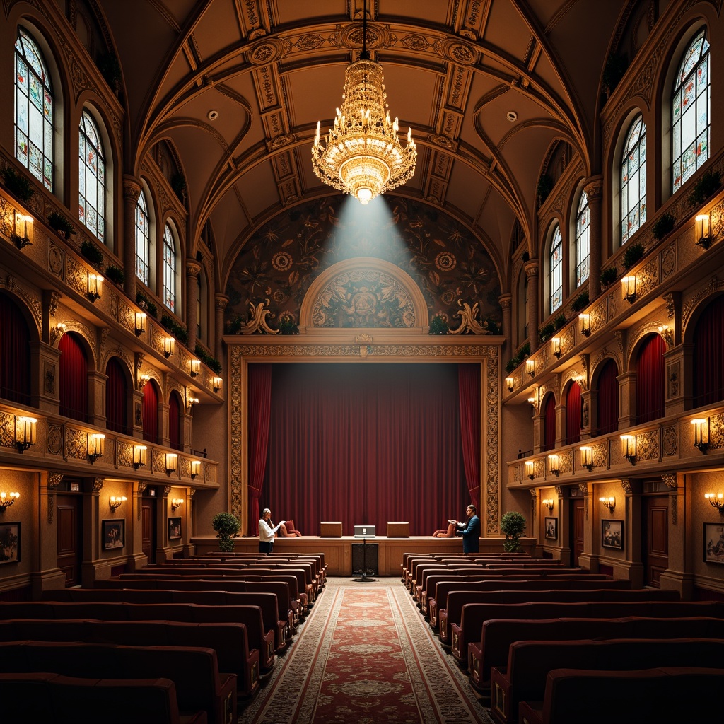 Prompt: Opulent theater, ornate detailing, pointed arches, ribbed vaults, flying buttresses, stained glass windows, grand chandeliers, lavish velvet curtains, intricate carvings, gilded accents, mysterious ambiance, dramatic spotlights, warm golden lighting, shallow depth of field, 1/1 composition, symmetrical framing, realistic textures, ambient occlusion.